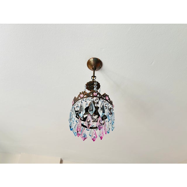 Glass Vintage Brass Crown Chandelier With Hand-Painted Pink and Ice Blue Crystal Prisms For Sale - Image 7 of 17