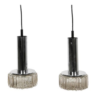 1970s Staff Leuchten P105 Chrome & Textured Glass Pendant Lights - a Pair For Sale