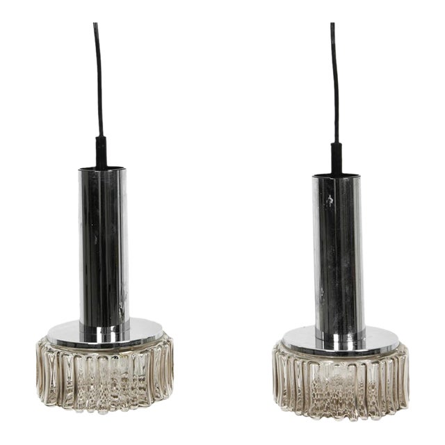 1970s Staff Leuchten P105 Chrome & Textured Glass Pendant Lights - a Pair For Sale