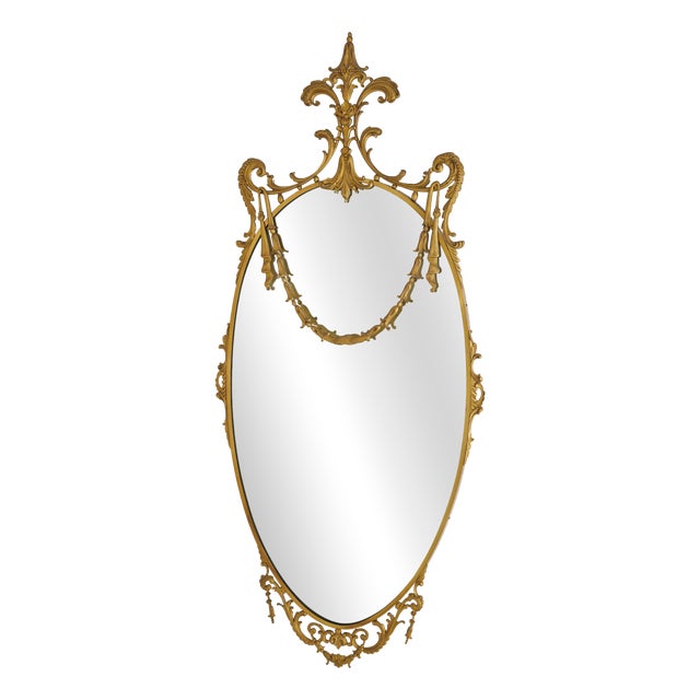 Italian Decorative Oval Brass Wall Mirror, 1960s For Sale