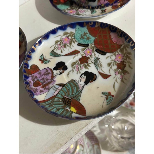 Japanese Antique Kutani Geisha Girl Tea Set, Rare, Thick Paint, 22kt Gold Trim, Marked For Sale - Image 3 of 6