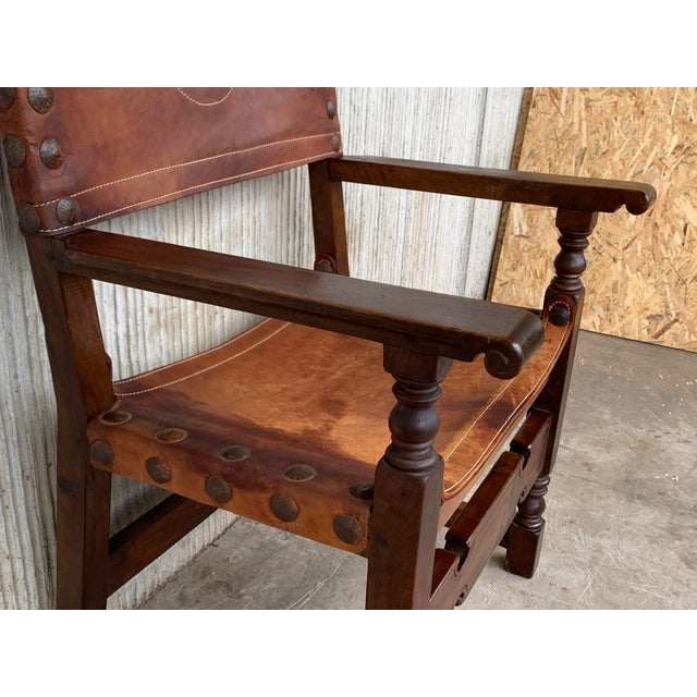 Brown 19th Century Spanish Colonial Throne Armchair with Leather For Sale - Image 8 of 11