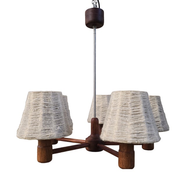 Vintage Teak and Wool 5-Arm Ceiling Light from Domus, Germany, 1970s For Sale