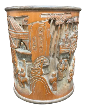 Vintage Chinese Carved Bamboo Mountain Scenery Brushpot