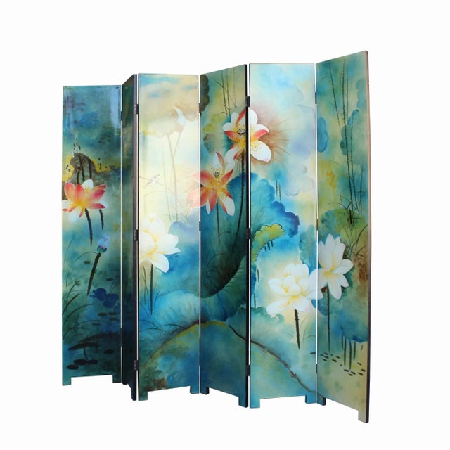 Illustration Water Ink Style Blue Lotus Pond Flower Birds Theme Graphic Screen For Sale - Image 3 of 9