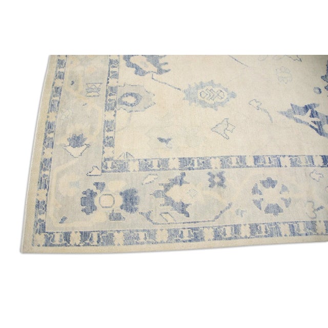 Modern Early 21st Century Cream Handwoven Wool Turkish Oushak Rug in Blue Floral Design 8' X 9'5" For Sale - Image 3 of 7