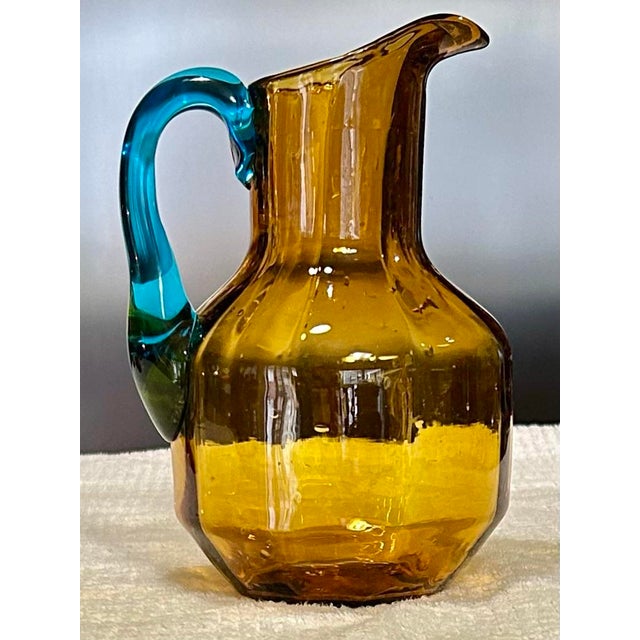 Antique Legras/Portieux George Sand Handblown Amber Pitcher and Six Amber Glasses With Teal/Blue Handles, Vaseline/Uranium Glass, Circa 1890’s For Sale - Image 4 of 12