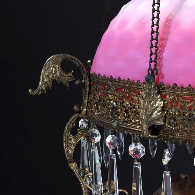 Bronze Late 19th Century Victorian Brass, Bronze & Crystal Chandelier With Peachblow Hobnail Glass Shade For Sale - Image 8 of 17