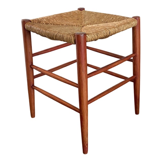 Mid-Century Wicker and Beech Stool, 1960s For Sale
