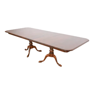 Ethan Allen Georgian Solid Cherry Wood Double Pedestal Extension Dining Table, Newly Refinished