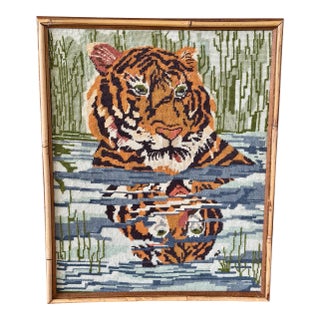 Vintage Boho Safari Tiger Needlepoint Wall Art in Bamboo Trim Frame For Sale