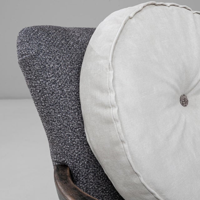 This elegant pair of 1940s Czech Art Deco upholstered armchairs captures the refined geometry and craftsmanship...