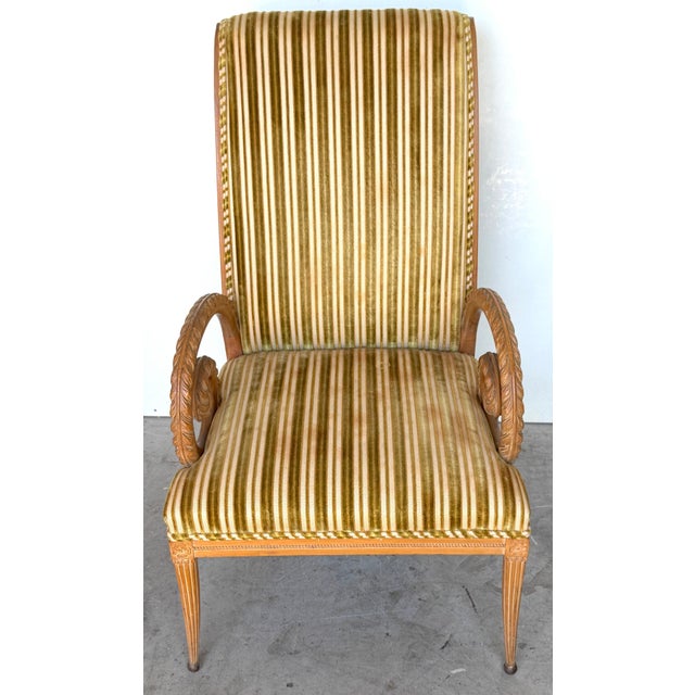 Pair French Modern Carved Feather Scroll Arm Lounge Chairs, Style Maison Jansen For Sale - Image 10 of 18