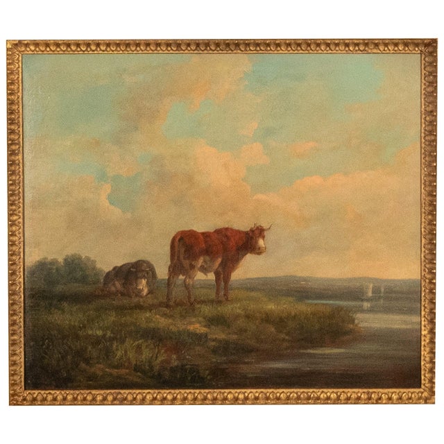 A large early 19th century British Romantic School pastoral landscape river scene with highland cattle, by Henry Milbourne...