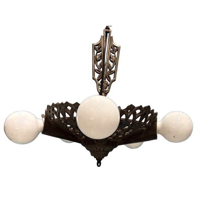 Art Deco 1930s Art Deco Brass Five Light Circular Chandelier by Markel W/ Original Chain For Sale - Image 3 of 10