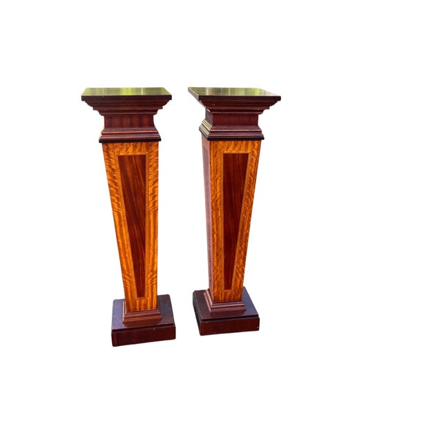Pair of Traditional Mahogany and Figured Wood Display Pedestals Handsome pair of tall traditional display pedestals...