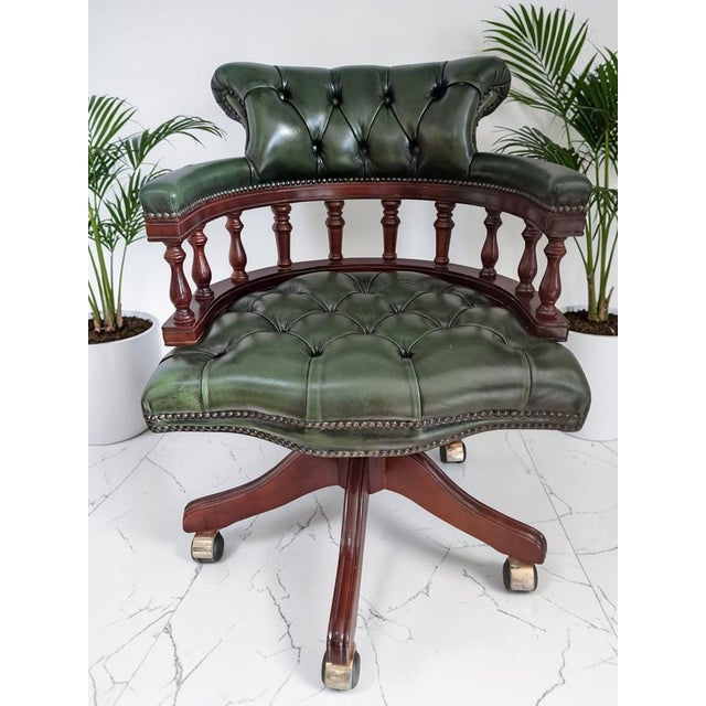 Wood Vintage Chesterfield Style Captain's Swivel Desk Chair in Green Leather, 1980s For Sale - Image 7 of 18