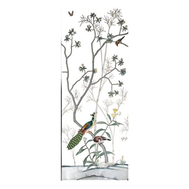 Hand‑Painted Oriental Wall Art, Peacock Birds and Blossom Tree Panel For Sale
