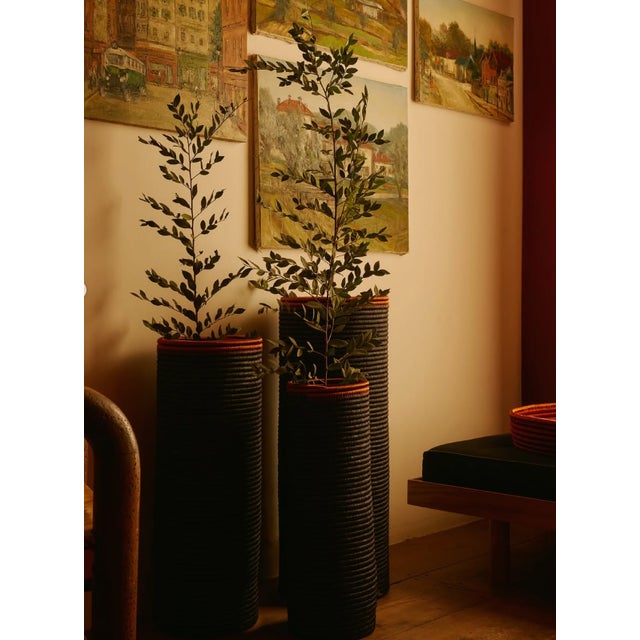 Modern Floor Woven Vases in Black and Copper Detail For Sale - Image 3 of 3