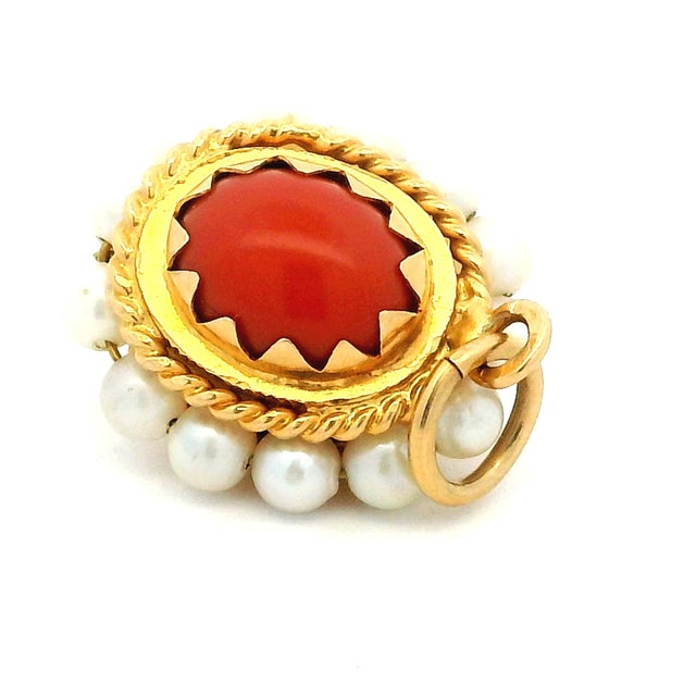 Burnt Orange Italian Coral and Pearl Pendant in 18k Gold – Torre Del Greco, 1970s For Sale - Image 8 of 12