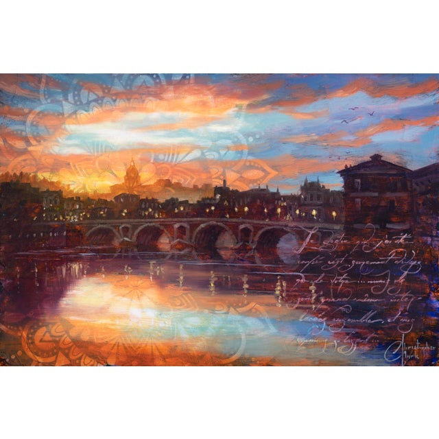 Toulouse Pont Neuf Sunrise by Christopher Clark | Oil on Acrylic on Wood Panel River scene at sunrise. For Sale