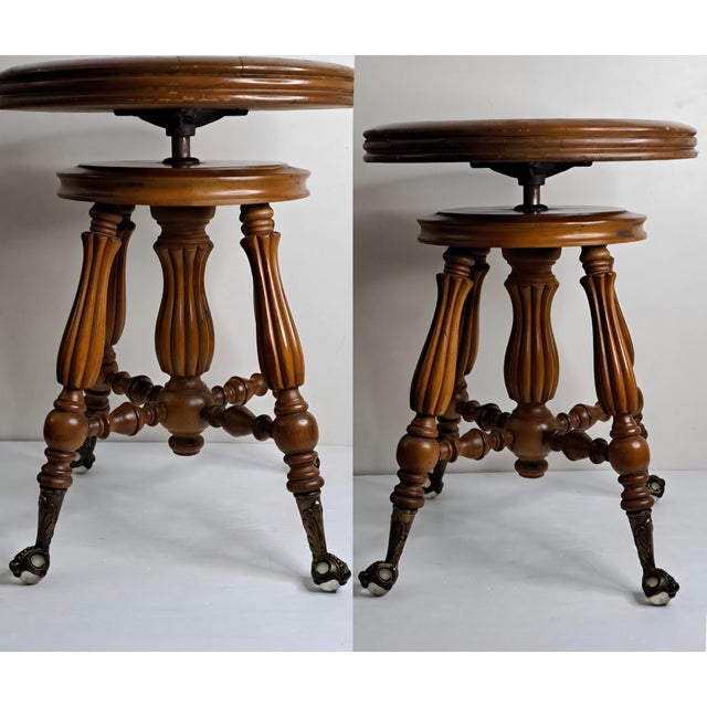 Glass Antique H. Holtzman & Sons Victorian Adjustable Swivel Piano Stool With Glass Ball Claw Feet For Sale - Image 7 of 17