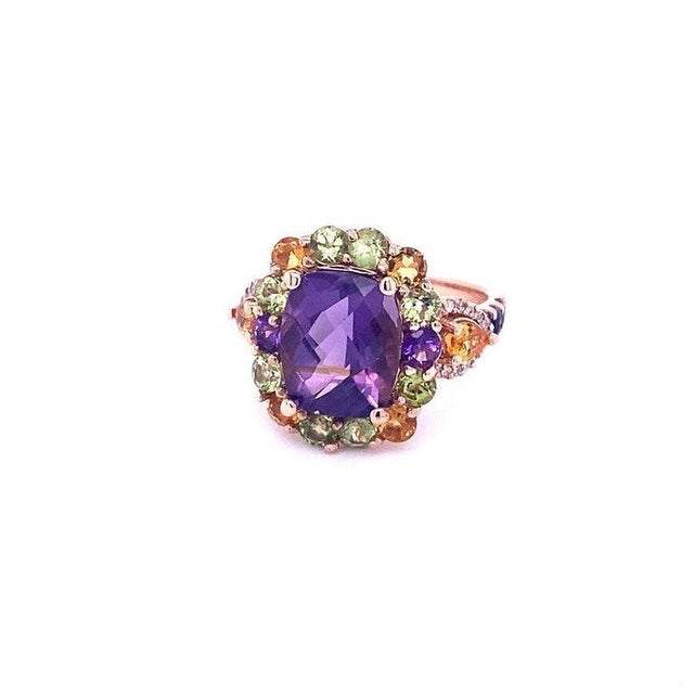 Contemporary 6.17 Ct Amethyst, Peridot, Sapphire, Diamond Rose Gold Ring For Sale - Image 3 of 6