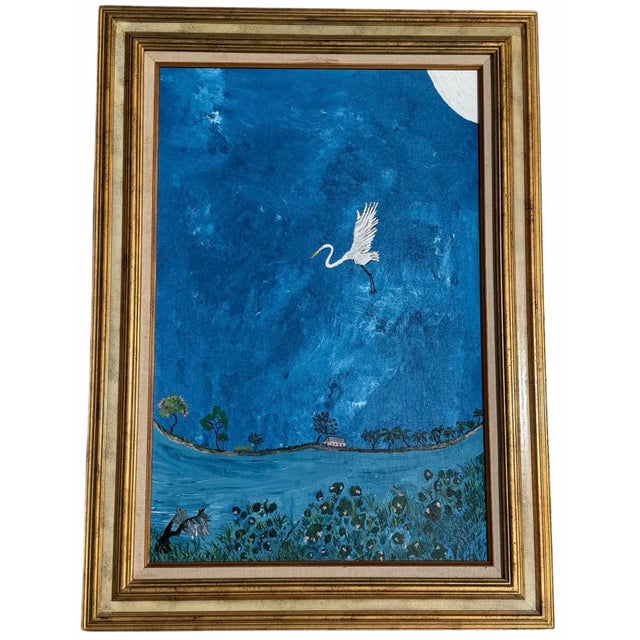 A charming vintage Mexican folk art painting depicting a graceful white egret soaring above a tranquil tropical landscape...