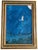 A charming vintage Mexican folk art painting depicting a graceful white egret soaring above a tranquil tropical landscape...