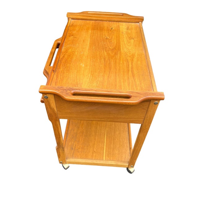 Brown Oak or Teak Serving Rolling Bar Cart For Sale - Image 8 of 18