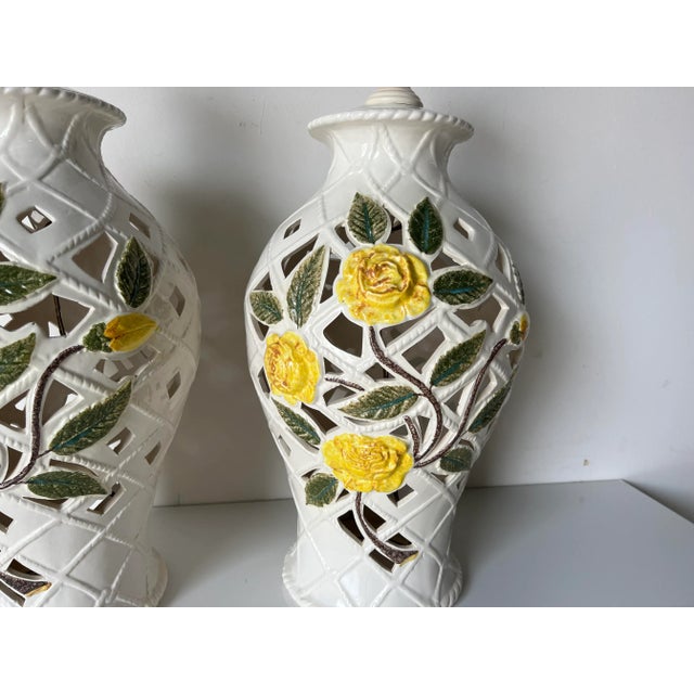 Hollywood Regency Italian Openwork Handmade Ceramic Table Lamps - a Pair For Sale - Image 9 of 13