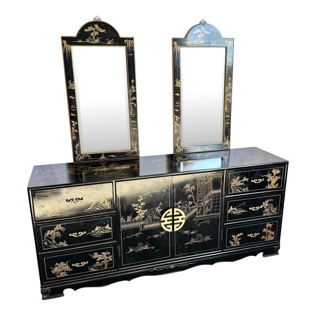 Vintage Chinese Black and Gold Hand Painted Dresser With Mirrors - 3 Pieces For Sale