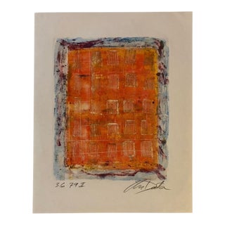 Orange Abstract Geometric Style Lithograph Painting on Paper, Signed, Dated 1979 For Sale