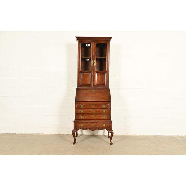 Queen Anne Ethan Allen Georgian Cherry Wood Bureau With Drop Front Secretary Desk and Bookcase Hutch, Circa 1970s For Sale - Image 3 of 14
