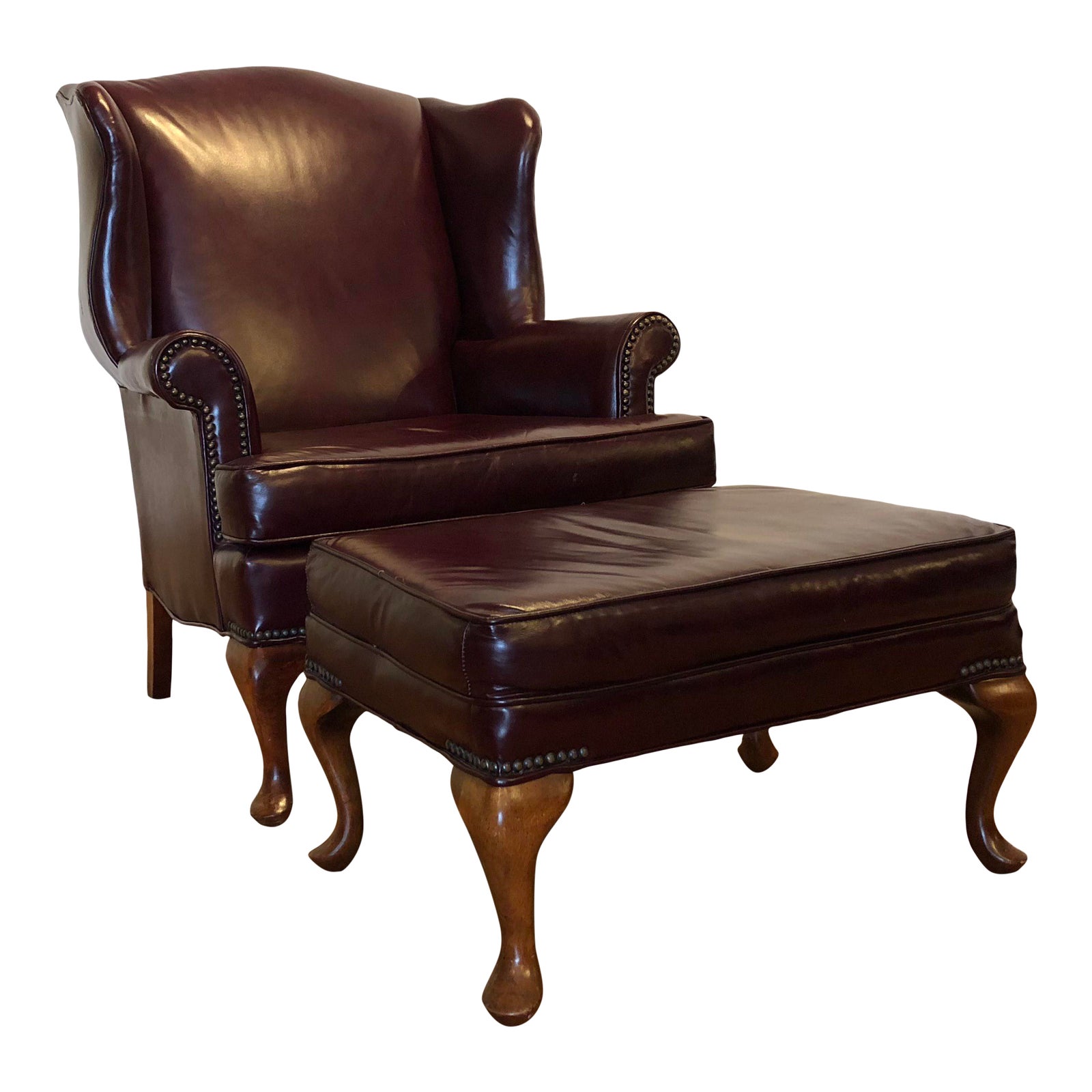 Burgundy Leather Wingback Chair With Ottoman A Pair Chairish