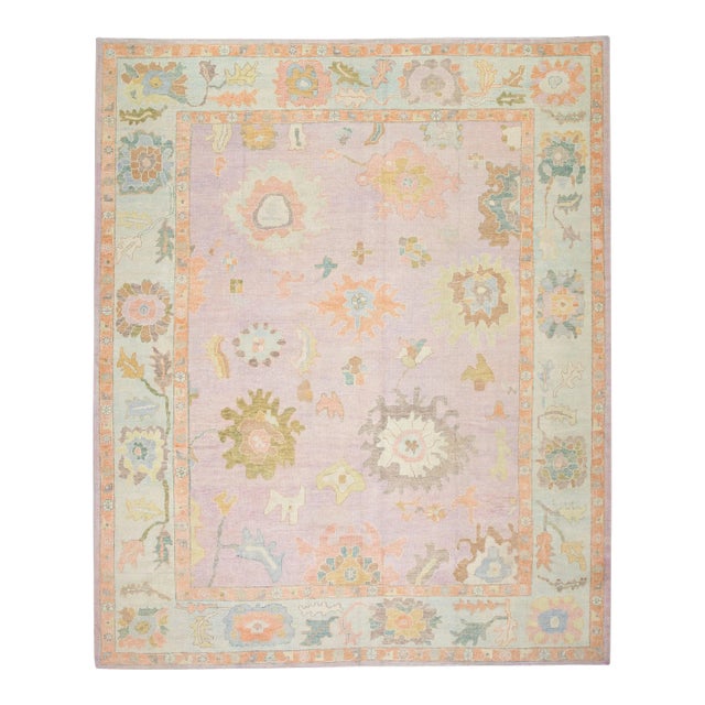 Early 21st Century Pink Multicolor Handwoven Turkish Oushak Rug 12'3" X 14'9" For Sale