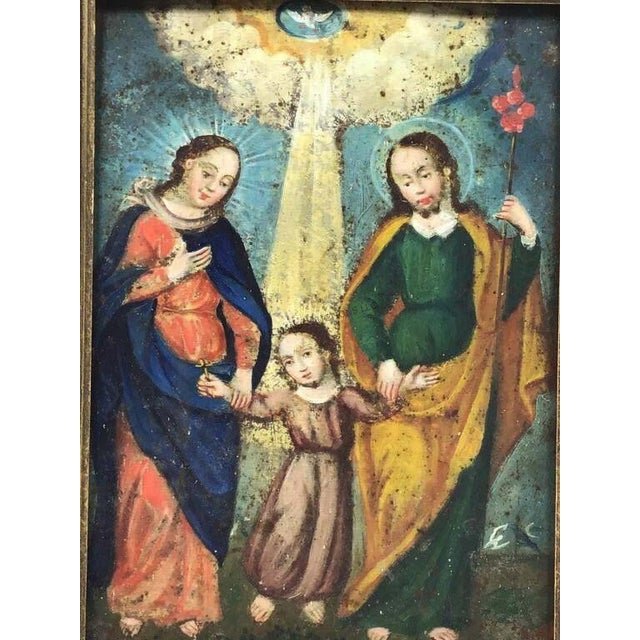 Antique Mexican Folk Art Retablo, La Sagrada Familia Oil on Tin An exceptional 19th-century Mexican devotional retablo...