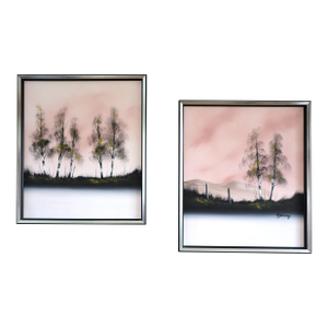 1985 Minimalist 'Blush Horizon (Set of 2)' Original Swedish Minimalist Landscape Oil Paintings, Framed