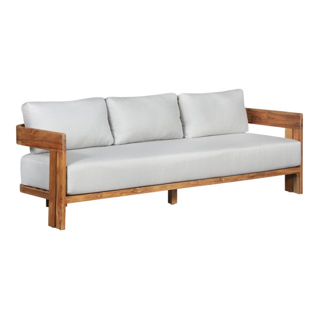 Paradiso Outdoor Solid Teak Wood Sofa - Light Gray Fabric For Sale