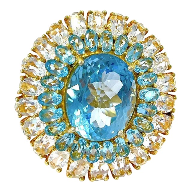 Bochic “Flamenco” Blue Topaz & White Topaz Gems 18k Gold & Silver Cocktail Ring Size 4 For Sale