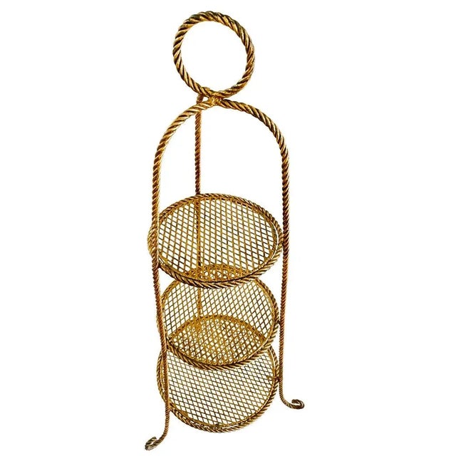 Mid-Century Modern Mid-Century Italian Gold Tole Rope 3-Tier Conservatory Etagere For Sale - Image 3 of 6