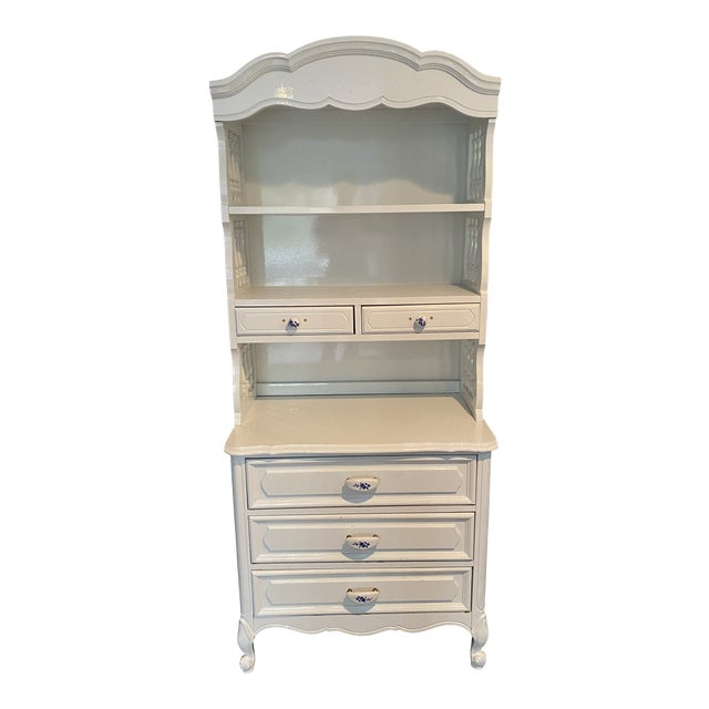French Country White Vintage Narrow Dresser Base With Hutch Top For Sale