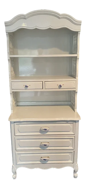 French Country White Vintage Narrow Dresser Base With Hutch Top