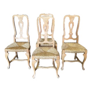 French Provincial Dining Chairs With Pierced Back Splat and Rush Seats -Set of 4 For Sale