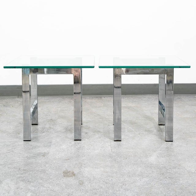 Mid Century Modern End Tables Chrome Glass Square Side Tables Vintage Pair MCM For Sale - Image 4 of 11