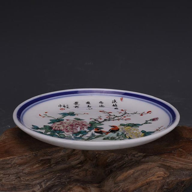 Chinese Vintage Chinese Floral and Bird Motif Porcelain Plate With Calligraphy For Sale - Image 3 of 5