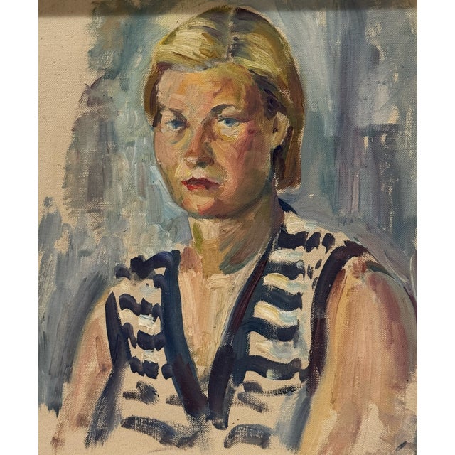 Original portrait painting executed in oil on canvas, attributed to Nicolas De Molas. The work depicts a blonde woman...