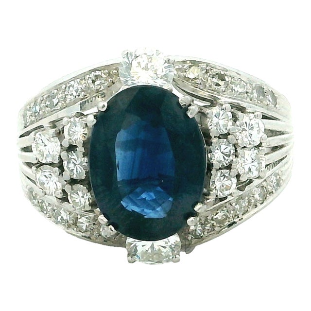 1980s Platinum Natural Thai Sapphire & Diamond Ring, Gia Certified 4.33 Carats, Size 8 For Sale