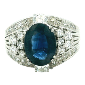 1980s Platinum Natural Thai Sapphire & Diamond Ring, Gia Certified 4.33 Carats, Size 8