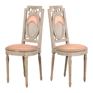 Pair of Early 1900s Gray Painted Pink Upholstered French Louis Philippe Side Chairs